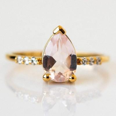 China Latest FASHIONABLE Ring Ladies Wedding Gold Plated Teardrop Drop Natural Stone Rose Quartz Crystal Rings for sale