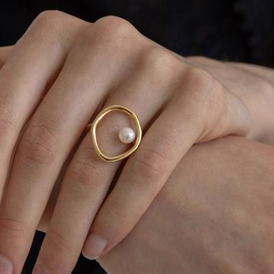 China TRENDY Fashion Plated Thin Ring Gold 925 Sterling Silver Pearl Rings Jewelry Women for sale