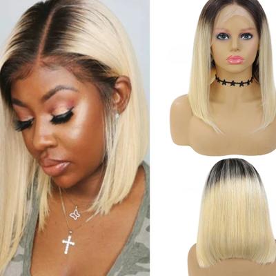 China Blonde Straight Bob Human Hair Wigs Brazilian Short Bob Wig Pre Plucked Straight Ombre 1B/613 Lace Front Wigs 150% for sale