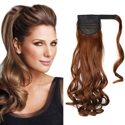 China Wavy Clip In Synthetic Ponytail Extension Wrap Around 22 Inch Long Pony Tail Hair Straight Synthetic Black Brown Wig for sale