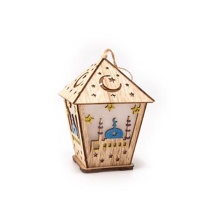 China 2021 whole world sale wooden crafts for Eid al Fitr and Ramadan in gulbang three-dimensional house with LED lamp pendant in stock for sale