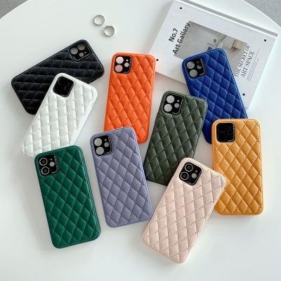 China Anti-fall PU Solid Color Rhombus Diamond Stylish Luxury Leather Phone Cases For Iphone 12 for sale