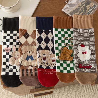 China Breathable Rhombus Socks New Arrivals Chessboard Woman Straight Girl Booties Colorful Cute Cartoon Little Bear Socks For Girl Woman Female for sale