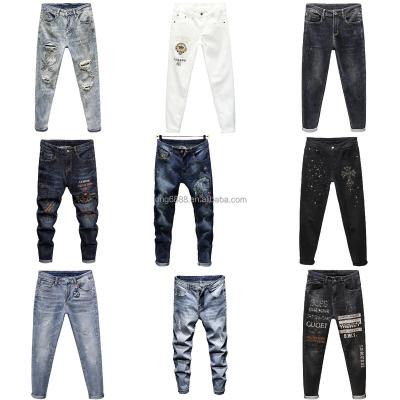 China QUICK DRY Street fashion men's Jeans Retro blue stretch draw skinny ripped Jeans Men's beaded patch designer Hip Hop pants for sale