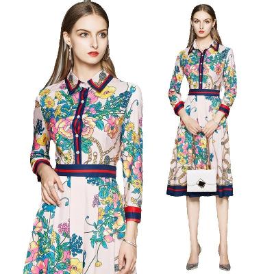 China Fashion Floral Print Washable Luxury Designer Women Pleated Shirt Dress 2023 Elegant Ladies Slim Midi Casual Dresses Button Long Sleeve for sale