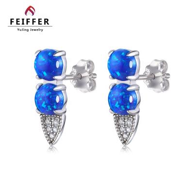 China Vintage Factory Price Shield Design CZ Jewelry 925 Silver Blue Opal Stud Earring for sale