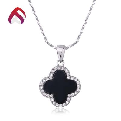 China Fashion 925 Long Silver Lucky Four Leaf Clover Black Onyx Flower Necklace Pendant for sale