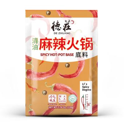 China Dezhuang 220g 36 Degree Low Spicy Hotpot Seasoning Vegetable Oil Pot Edible Hot Soup Base DZ-1 for sale