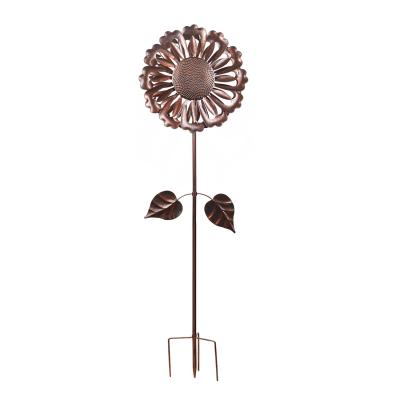 China Art Decor Sunflower Wind Spinner High Metal Garden Art Copper Wind Spinner Decor with Two Leaves for sale