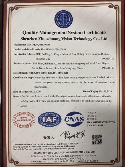 ISO9001 - Shenzhen Zhuochuang Vision Technology Co., Ltd.