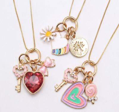 China Cute Hot Sale Kids Jewelry Candy Color Enamel Heart Charms Key Pendants Necklaces For Kids for sale