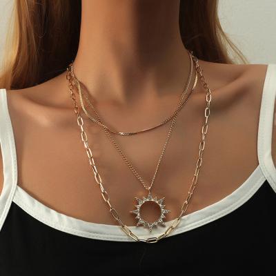 China 2021 New Trendy Layered Three Necklace Gold Sun Coin Choker Pendant Necklace For Women for sale