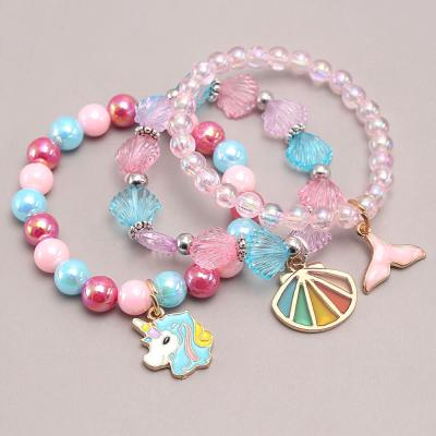 China Fashion New Unicorn Mermaid Oil Drop Pendant Colorful Acrylic Children's Beaded Bracelets Kids Bracelets for sale