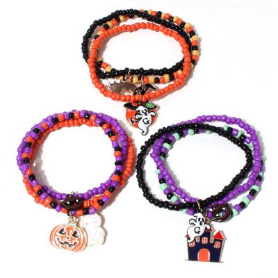 China 2021 new fashion handmade Halloween seed beads bracelets fun pumpkin Halloween elastic bracelets for sale