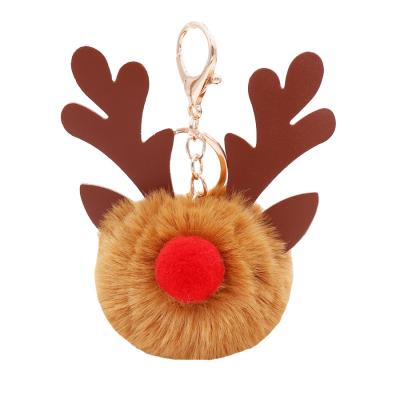 China Metal/Plush Christmas Reindeer Moose Lady Pendant Christmas Fluffy Key Chain Fur Pom Pom Deer Key Chain Lovely for sale