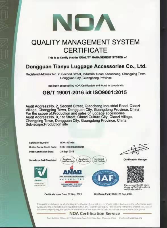 ISO9001 - Dongguan Tianyu Suitcase Accessories Ltd.