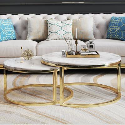 China (Other)lower price new arrival popular adjustable luxury metal fashion white marble and gold round bedroom coffee table set for sale