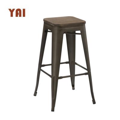 China Traditional cheap wood top commercial used stackable iron metal steel industrial dining bar stools wholesale for sale