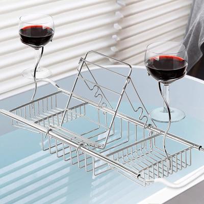 China Stainless Steel Tub Caddy Tray Over Bath Tub Racks Shower Organizer Removable Wine Glass Book Stand With Expanding Sides for sale