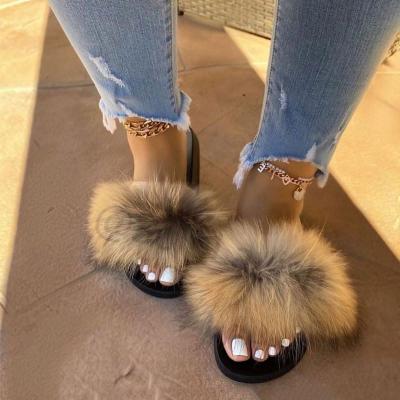 China Colorful Outdoor Fox Fur Slides Women Sellers Shoe Fuzzy Sandals Breathable Wholesale Fluffy Slippers Slides for sale