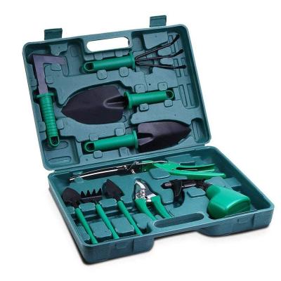 China Garden Amazon Hot Sales Unit Plastic Carry Box Hand Gardening Tools 10pc Green Packing Garden Tool Kit for sale