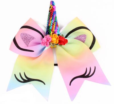 China Popular Unicorn Cheer Bows For Cheerleader Girls Rainbow Hair Accessories Tie With Unicorn Headband Elastic Band for sale