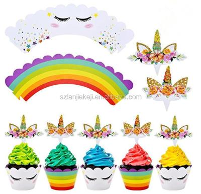 China Unicorn Cupcake Topper and Disposable Wrappers for Birthday Party Supplies Baby Shower Party Decorations Unicorn Cake Topper Eco-Friendly for sale