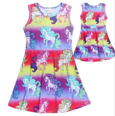 China Hot Sale Unicorn Printed Girls Casual Flare Unicorn Dress Baby Kids Unicorn Dress Boutique Shorts Sheath Dress For Princess Babies for sale