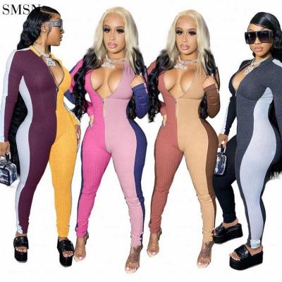 China Anti-pilling 2021 New Arrivals Women Sportswear Zipper Patchwork Casual Leggings Club Party Women Long Sleeve Bodycon One-Piece Overalls for sale