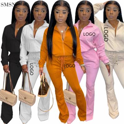 China Hot Selling Anti-pilling Pure Color Zipper Top Elastic Flared Casual Two Piece Set Joggers Pants Women Trousers Two Piece Set for sale