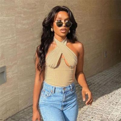 China POLLY New Trendy Plaid Halter Wrap Bust Sleeveless Women T-shirts Girls Summer Ladies Blouses Anti-Wrinkle Sexy Tops for sale