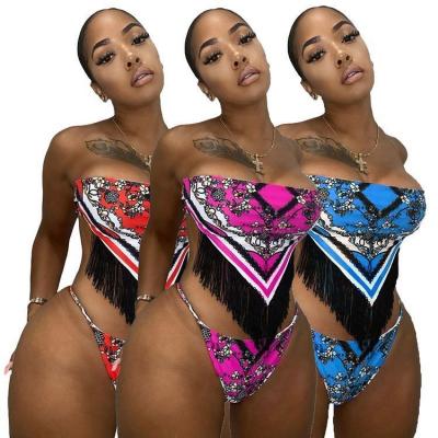 China POLLY New Style Breathable 2021 Summer Swimsuit Beach Wear Sexy Swimwear Printing Tassel Ladies 2 Piece Bikini Set for sale