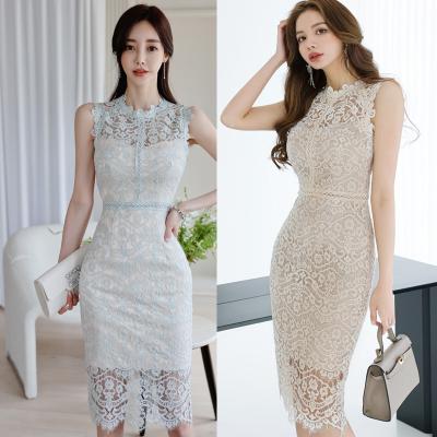 China 2021 Breathable Fashion O-neck White Lace Dress Patterns Sleeveless Dress Ladies Dress for sale