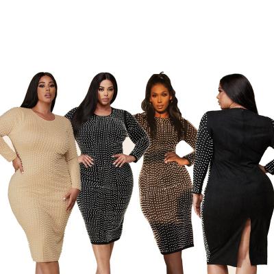 China Viable Trending Women Fashion Long Sleeve Casual Bodycon Plus Beaded Casual Dress for sale