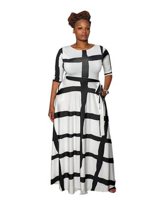 China 2021 Fall New Plus Size Viable Women's Clothing Fashion Print Striped O-Neck Plus Size Casual Dress for sale