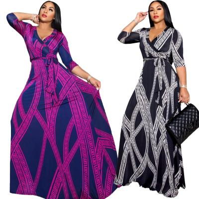 China New African Breathable Long Sleeve Print V-Neckline Casual Dress Vestimenta Women Party Dress Winter Breathable Long Casual for sale