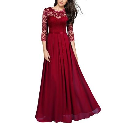 China Vestido de gasa Retro Women's Anti-Static Round Neck Lace Contrast Ruffle Even Maxi Chiffon Dresses for sale