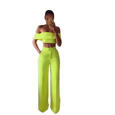 China Anti-Static 2021 New Arrival Summer Solid Color Word Shoulder Women's Sets, Top Wide Leg Panties One-Shoulder Fashionable 2 Piece Suit for sale