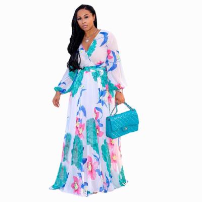 China 2021 viable autumn and winter new women's plus size chiffon big swing dress digital printing casual professional plus size dress for sale