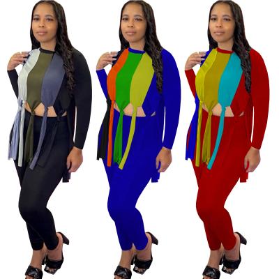 China Breathable Women's Fashion Fashion Long Sleeve Tassels Contrast Color Block Crop Top Pants Two Piece Set for sale