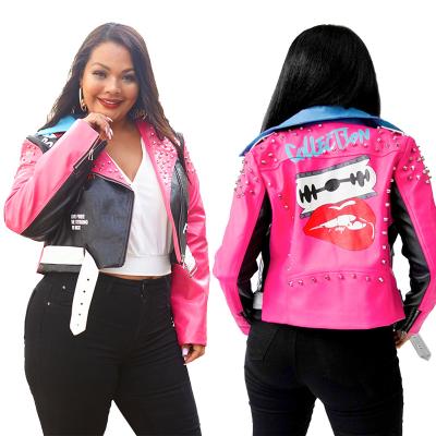 China Cute Anti-wrinkle rose lip print coat rivet woman jacket pu plus size jacket woman for sale