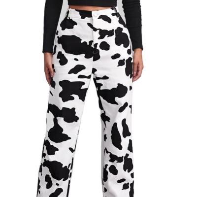 China Fashionable Cute Women's High Waisted Wide Leg Denim Casual Cow Print Pants Women's Jeans for sale