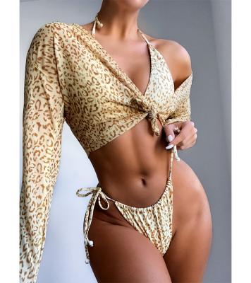 China Breathable 2021 Custom Logo Leopard Print Bikini 3 Pieces Swimsuit Cover Up Beach Wear Wholesale for sale