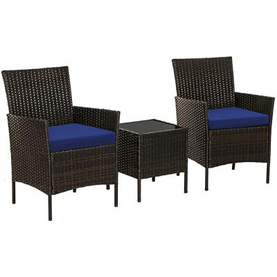 China Contemporary Patio Wicker Chairs, Small Patio Furniture Set of 3, for Front Porch Outside Balcony, Brown and Dark Blue for sale