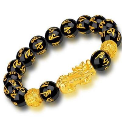 China 2021 FASHIONABLE Good Luck Wealth Black Obsidian Stone Beads Men 24K Gold Pixiu Feng Shui Bracelet for sale