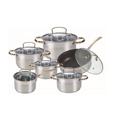 China Viable Gold Plated Non-Stick Cookware 12pc Stainless Steel Casserole Frying Pan Cookware Set for sale