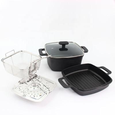 China New Design Stocked Non Die Casting Aluminum Stick Cookware Set Casserole With Grill Pan Induction Cooking Pot for sale