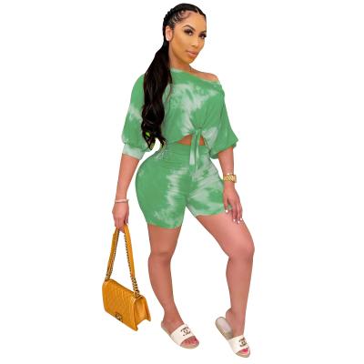 China Breathable Women Summer Tight Fit Overalls 2 Piece Set Tie Dye Bandage Fashion Two Piece Set for sale