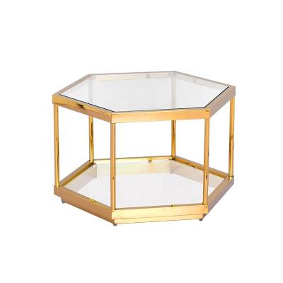 China Modern Double Deck Stainless Steel Structure Tempered Glass Coffee Table Gold Coffee Tables for sale