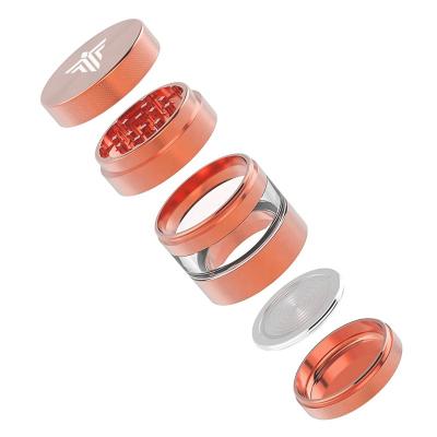 China Viable Hemp Accessories 5 Parts Rose Gold Aluminum Herb Tobacco Grinder With Clear Window Manual Herb Grinder for sale